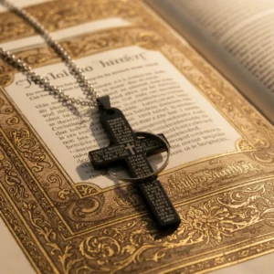 صلیب استیل مشکی حکاکی‌ شده با زنجیر