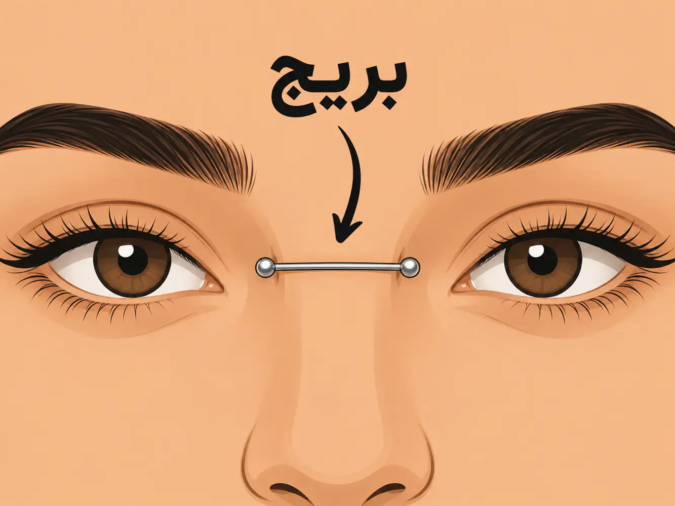 انیمیشن بریج پیرسینگ روی یک صورت کارتونی استایلیزه با بارل افقی بین دو چشم