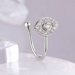 پیرسینگ فیک بینی نقره‌ای طرح چشم نگین‌دار با میله خمیده