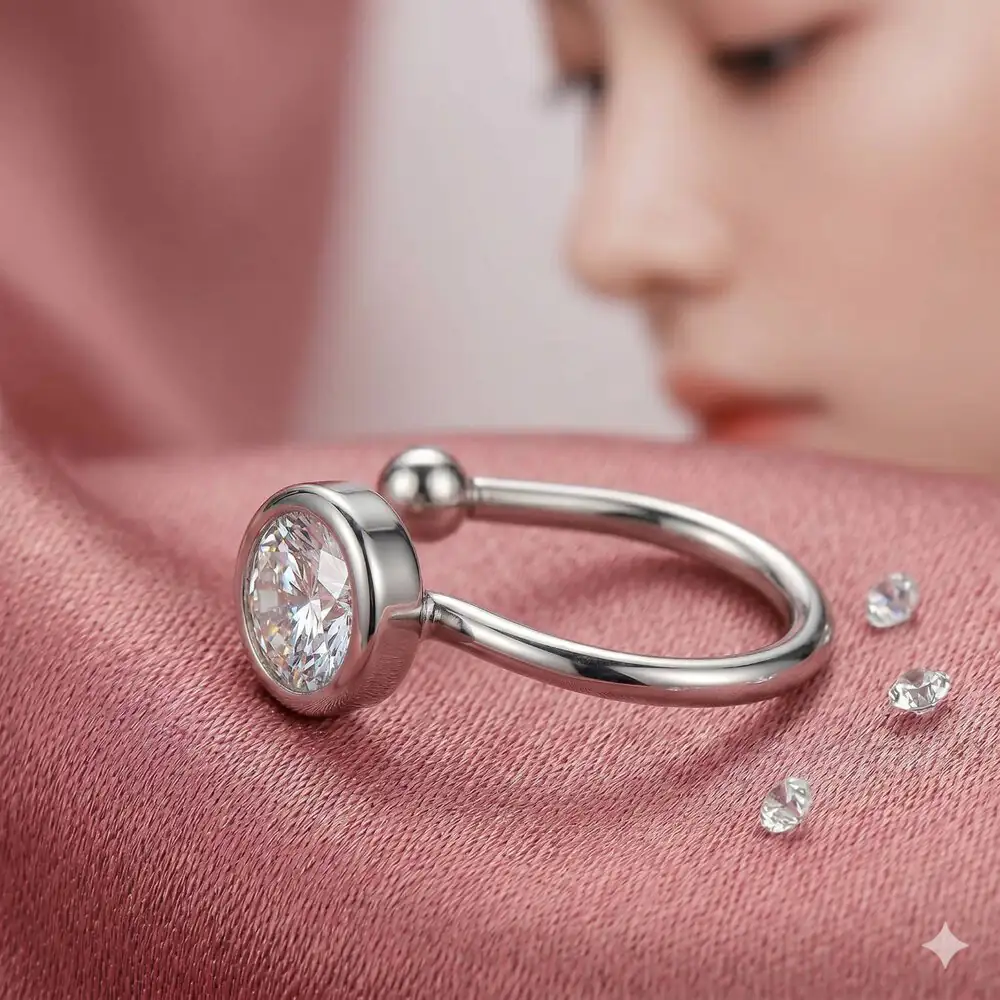 fake-nose-ring-jewelry-laying-down حلقه پیرسینگ فیک بینی استیل بدون نیاز به سوراخ کردن روی پسزمینه پارچهای