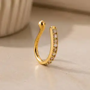 پیرسینگ بینی طلایی نگین‌دار در حالت ایستاده با نور گرم و پس‌زمینه مینیمال