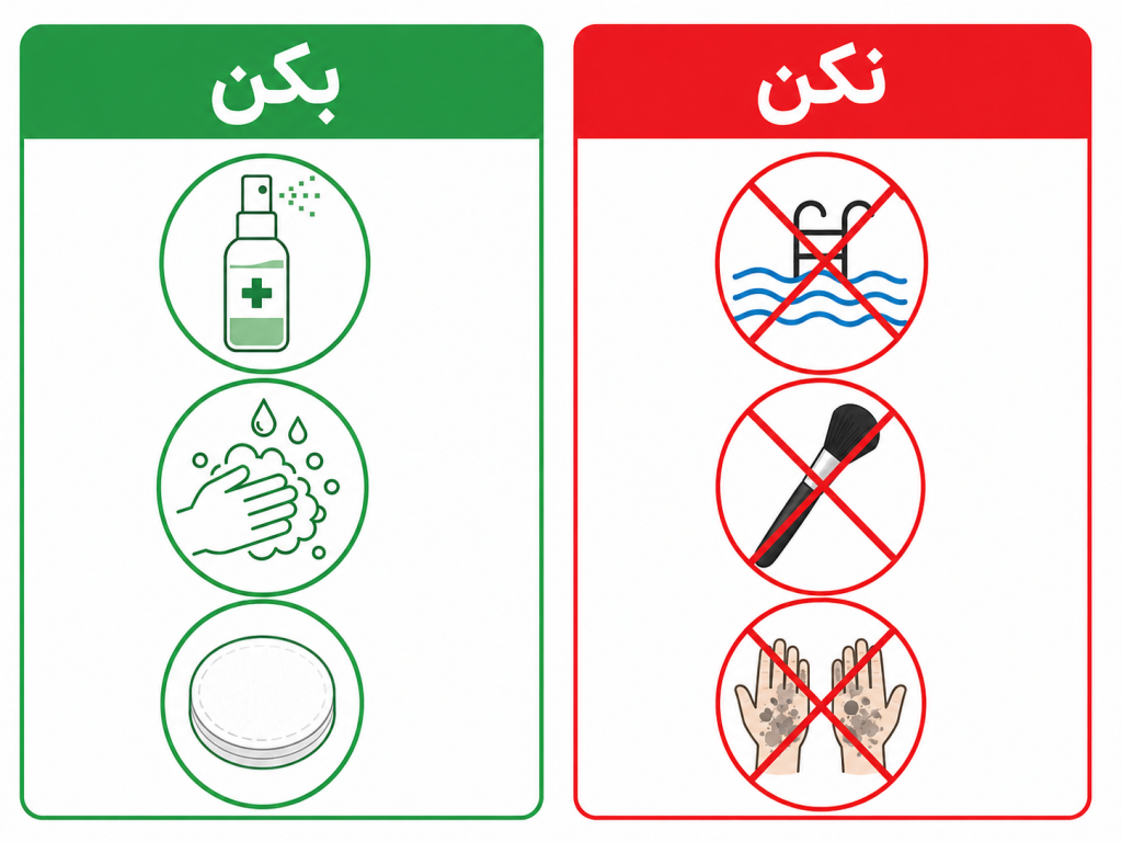 اینفوگرافیک انیمیشنی مراقبت از پیرسینگ بینی با آیکونهای «بکن» و «نکن» به رنگ سبز و قرمز