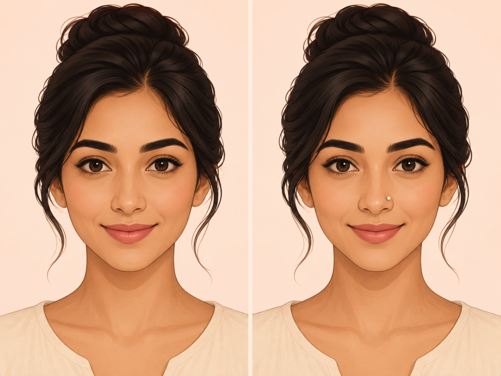 مقایسه انیمیشنی صورت قبل و بعد از پیرسینگ بینی، نشاندهنده تأثیر زیباییشناختی
