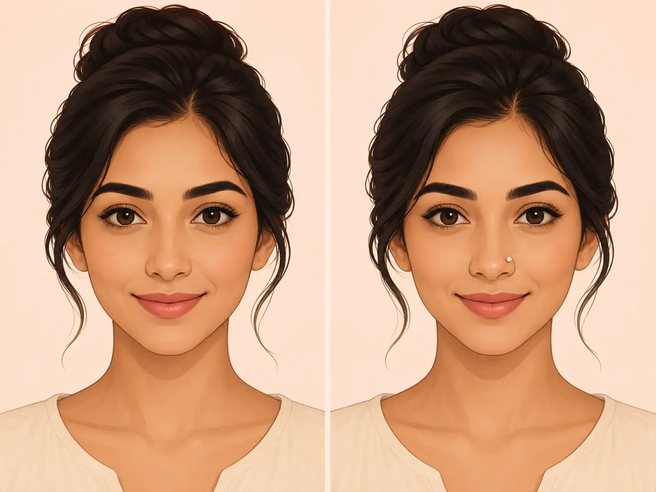 مقایسه انیمیشنی صورت قبل و بعد از پیرسینگ بینی، نشاندهنده تأثیر زیباییشناختی