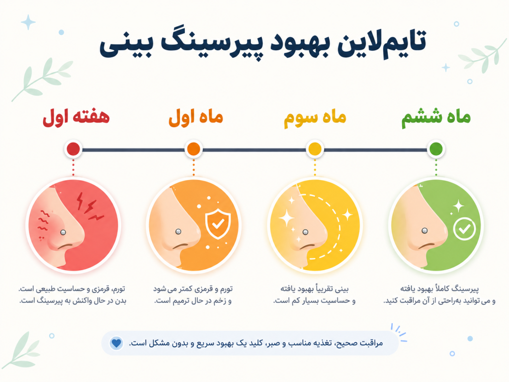انیمیشن تایملاین بهبود پیرسینگ بینی از روز اول تا شش ماه
