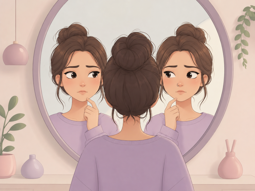 دختر انیمیشنی جلوی آینه با دو انتخاب برای پیرسینگ بینی
