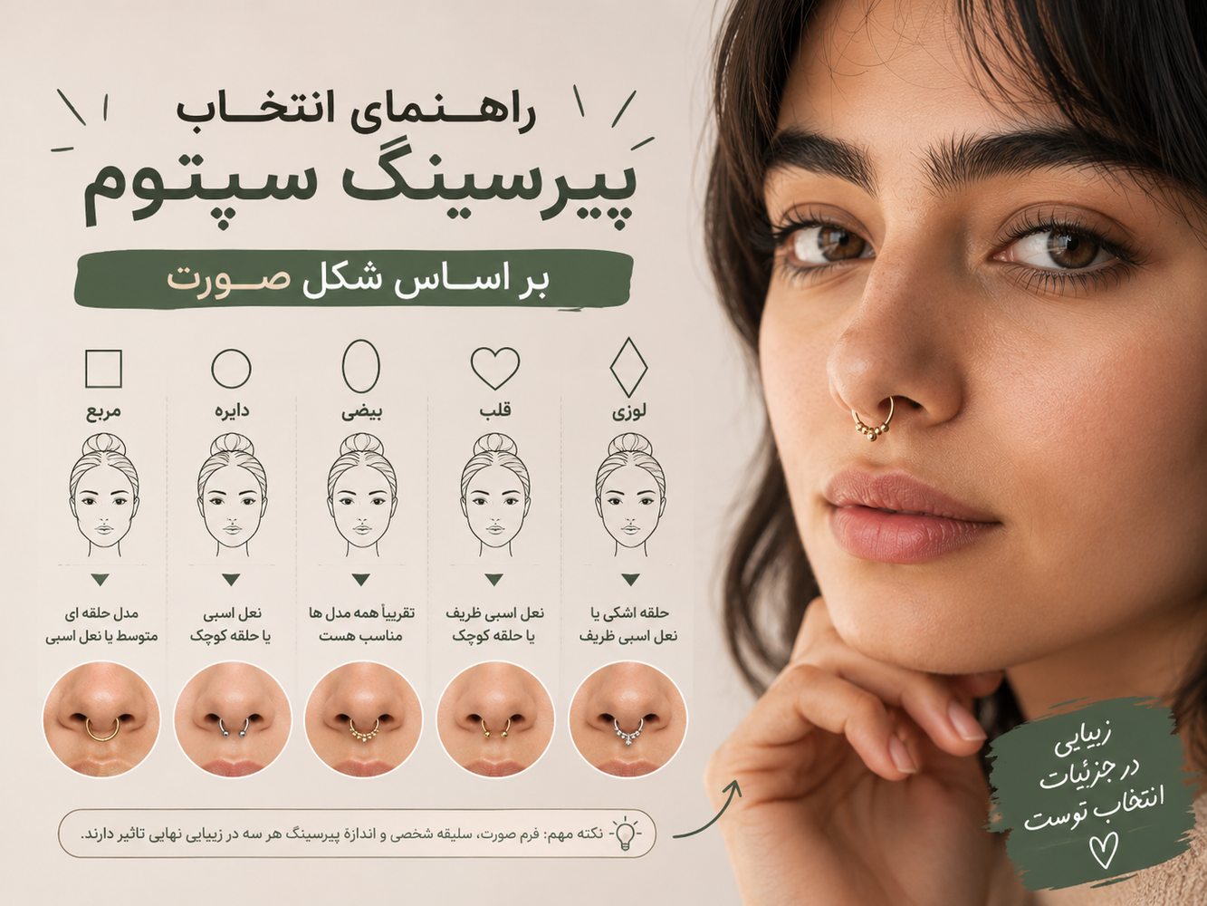 راهنمای انتخاب پیرسینگ سپتوم بر اساس شکل صورت