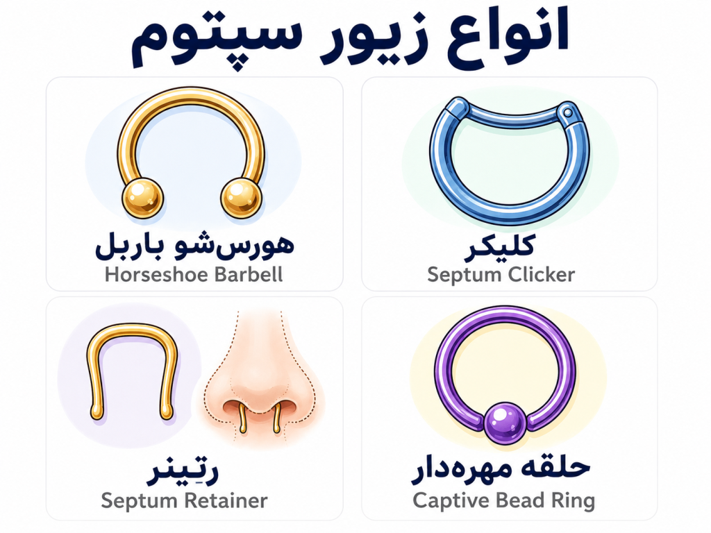 انواع جواهرات پیرسینگ سپتوم شامل horseshoe barbell، clicker، retainer و captive bead ring با برچسب نام هر کدام