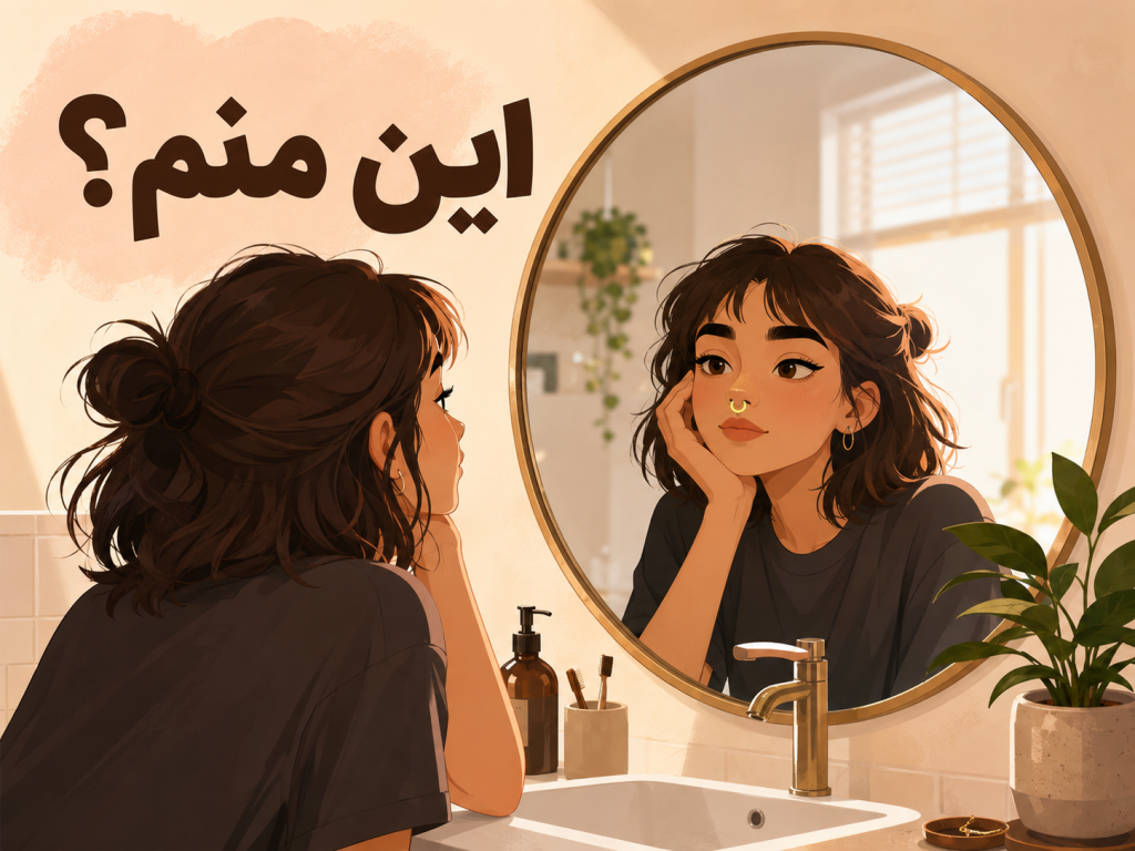 صویر انیمیشنی از یک شخص جوان که جلوی آینه ایستاده و به بینیاش نگاه میکند و یک حلقه سپتوم روی بینیاش انداخته شده