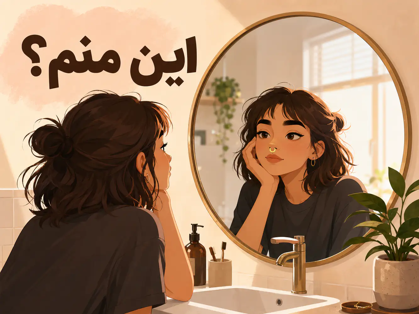 صویر انیمیشنی از یک شخص جوان که جلوی آینه ایستاده و به بینیاش نگاه میکند و یک حلقه سپتوم روی بینیاش انداخته شده