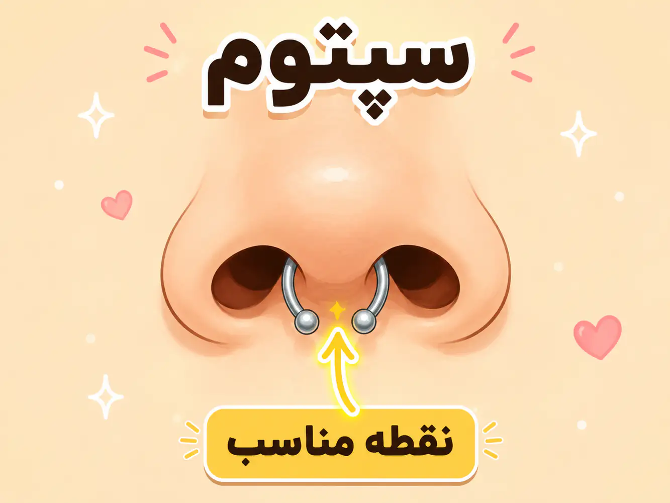 انیمیشن جذاب سپتوم پیرسینگ با یک هورس‌شو تیتانیوم ساده و متن «Sweet Spot» با فلش نشان‌دهنده