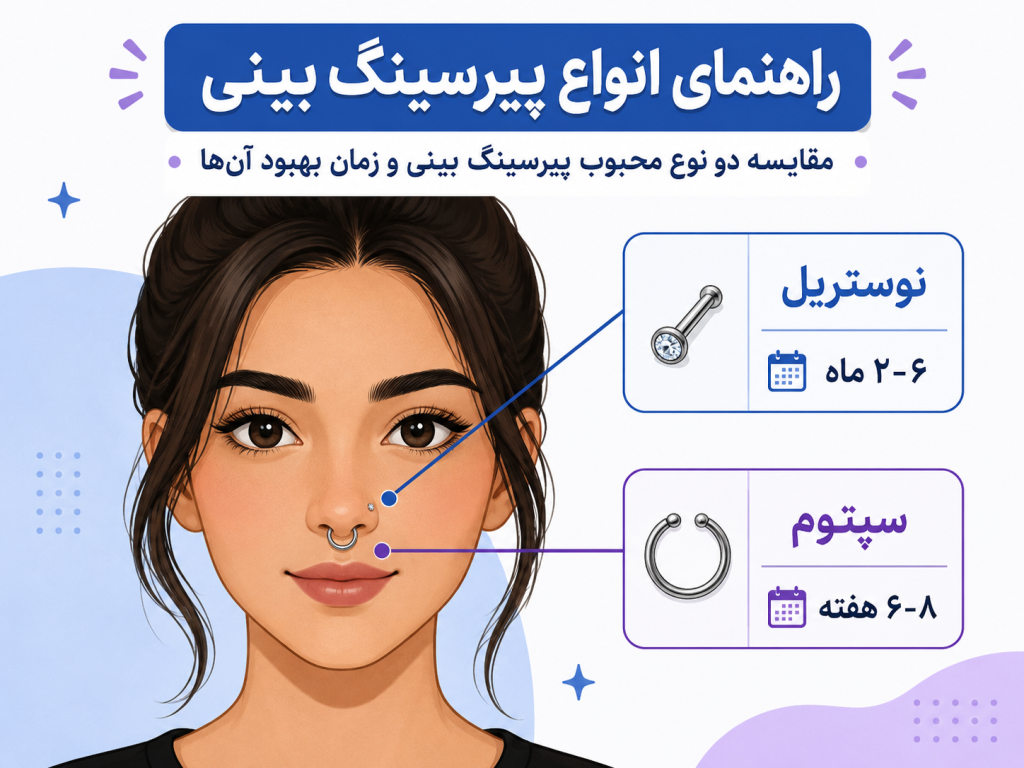 تصویر انیمیشنی مقایسه پیرسینگ سپتوم و نوستریل روی صورت کارتونی، نشاندهنده موقعیت هر دو