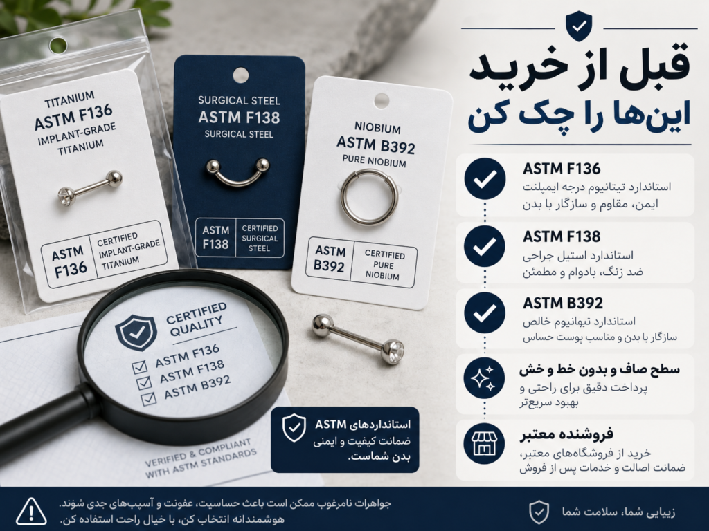 بستهبندی رسمی جواهر پیرسینگ همراه با برچسب استاندارد ASTM