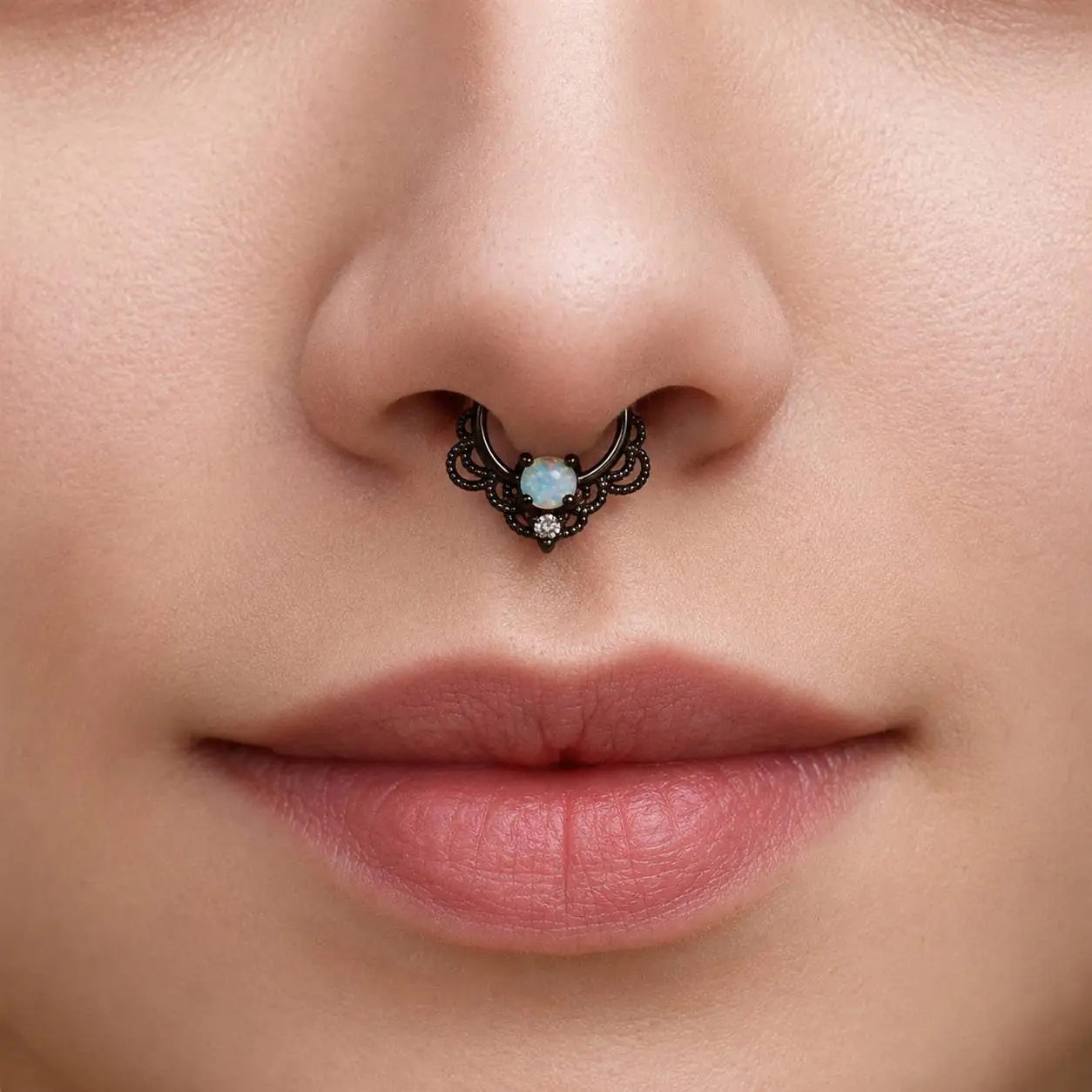 black-opal-septum-piercing-on-nose پیرسینگ سپتوم مشکی با نگین اپال آبی روی بینی
