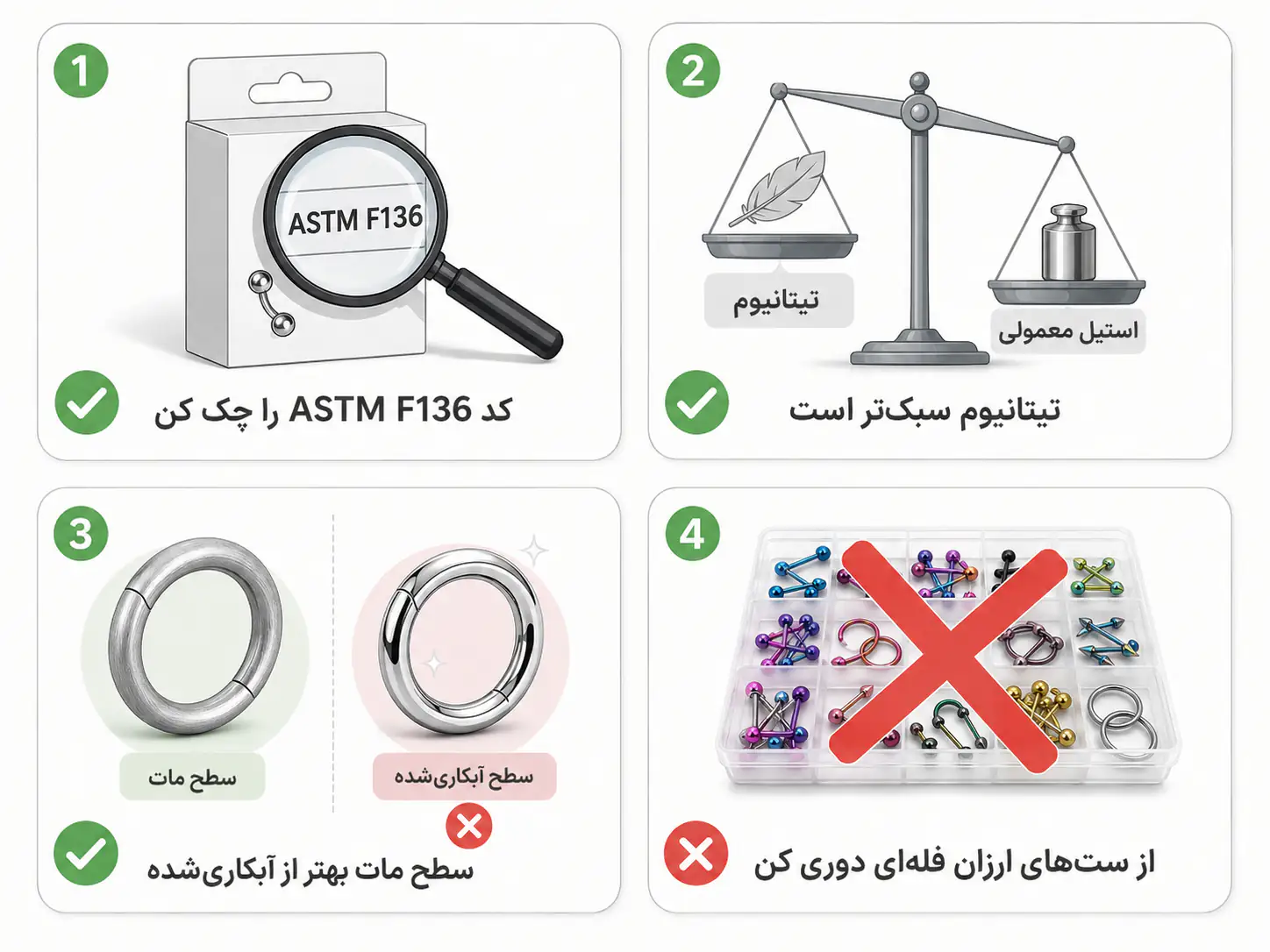 چک‌لیست تشخیص جنس اصل و ضدحساسیت هنگام خرید حلقه ناف فیک