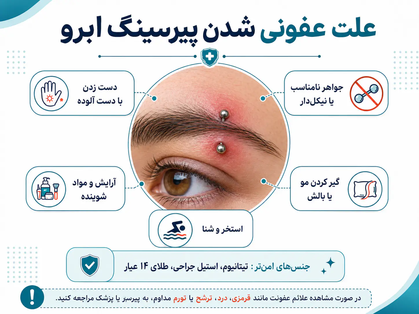 علل عفونی شدن پیرسینگ ابرو مثل تماس دست و جنس نامناسب جواهر