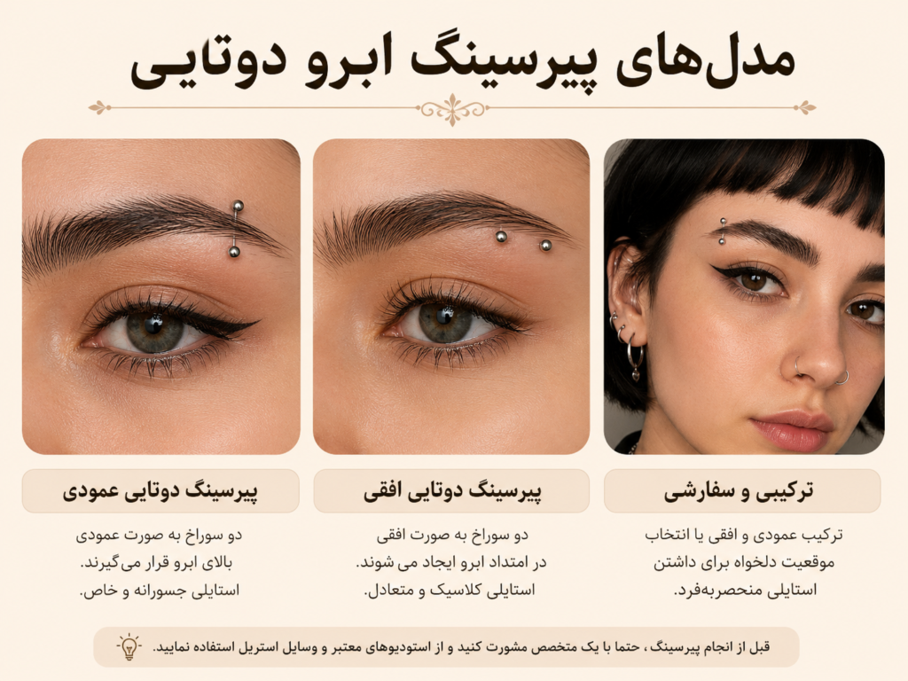 مدل پیرسینگ ابرو دوتایی عمودی و افقی