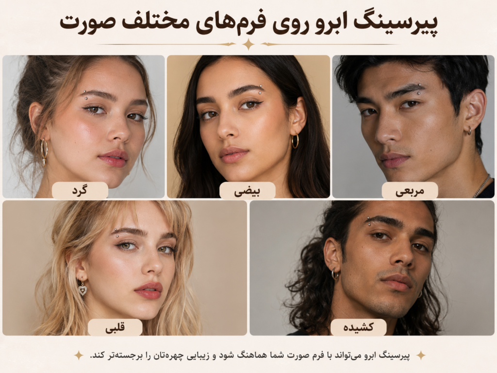نمونه پیرسینگ ابرو روی صورت گرد بیضی مربعی قلبی و کشیده