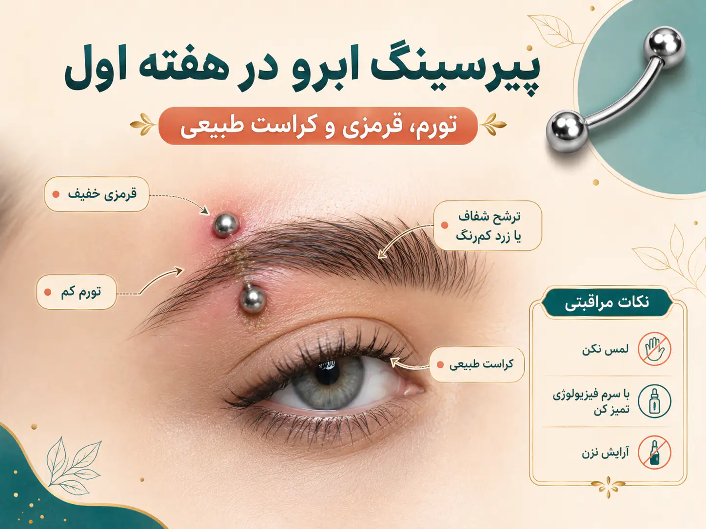 وضعیت پیرسینگ ابرو در هفته اول با تورم و قرمزی خفیف