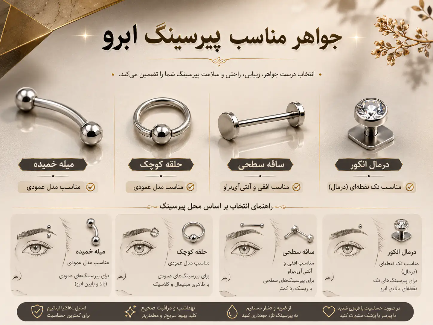 انواع جواهر مناسب پیرسینگ ابرو میله خمیده و ساقه صاف