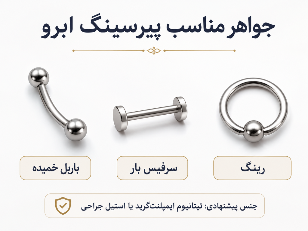 انواع جواهر پیرسینگ ابرو شامل باربل خمیده و سرفیس بار
