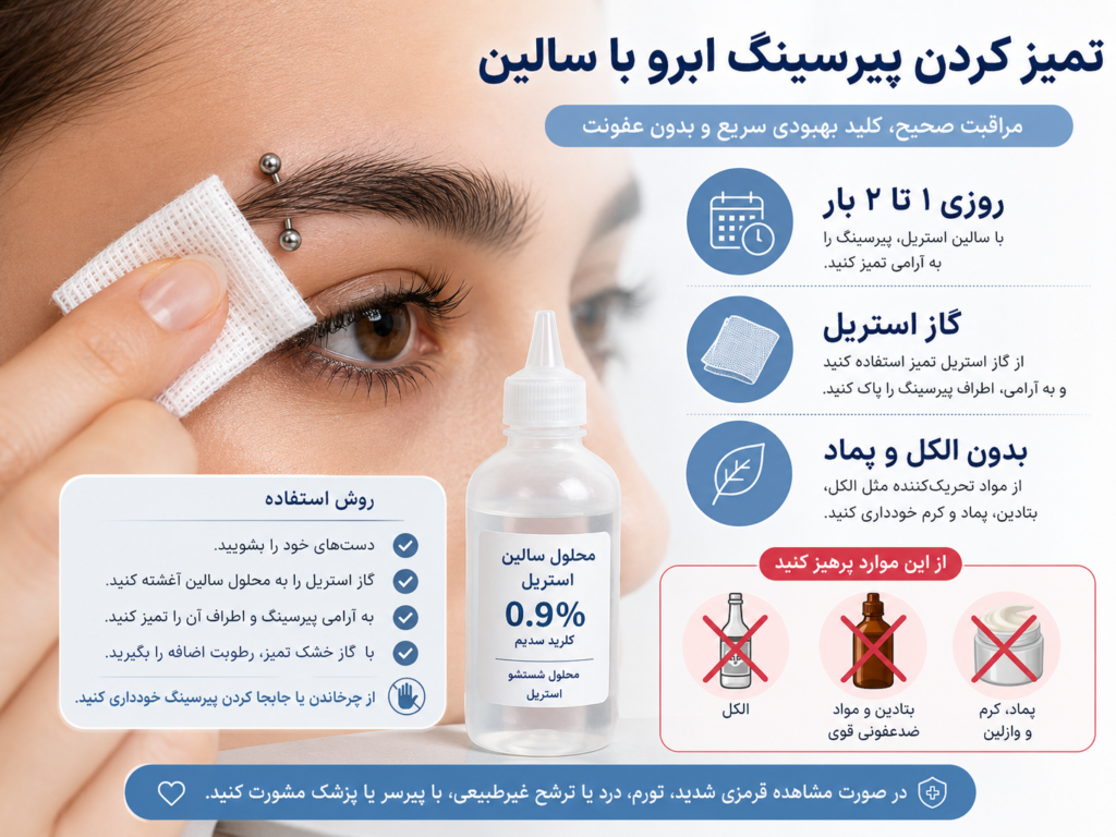 تمیز کردن پیرسینگ ابرو با محلول سالین