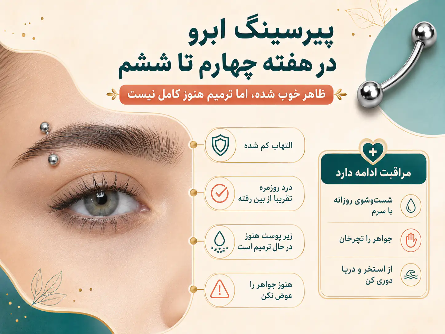 پیرسینگ ابرو در حال ترمیم در هفته چهارم بدون التهاب
