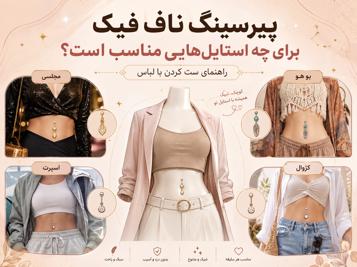 پیرسینگ ناف فیک برای چه استایل‌هایی مناسب است؟ راهنمای ست کردن با لباس