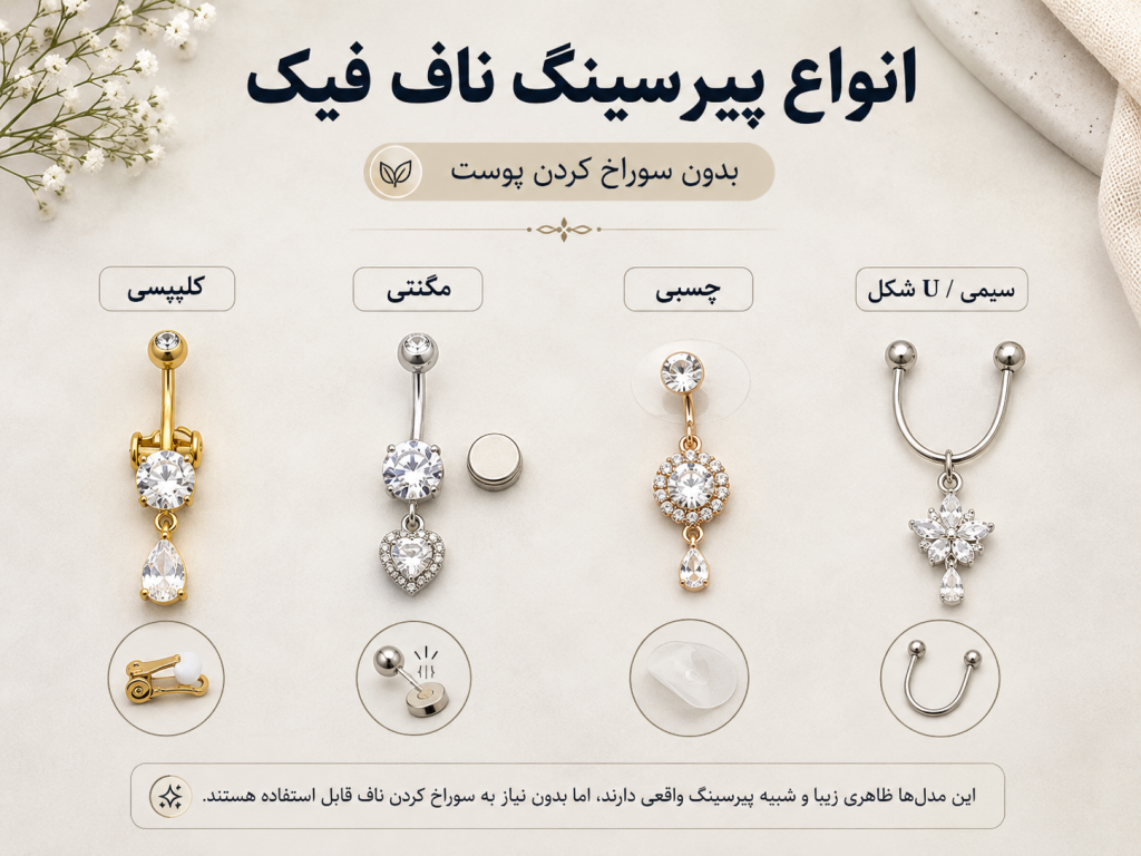چیدمان چند مدل پیرسینگ ناف فیک روی سطح صاف برای نمایش انواع طرح‌ها