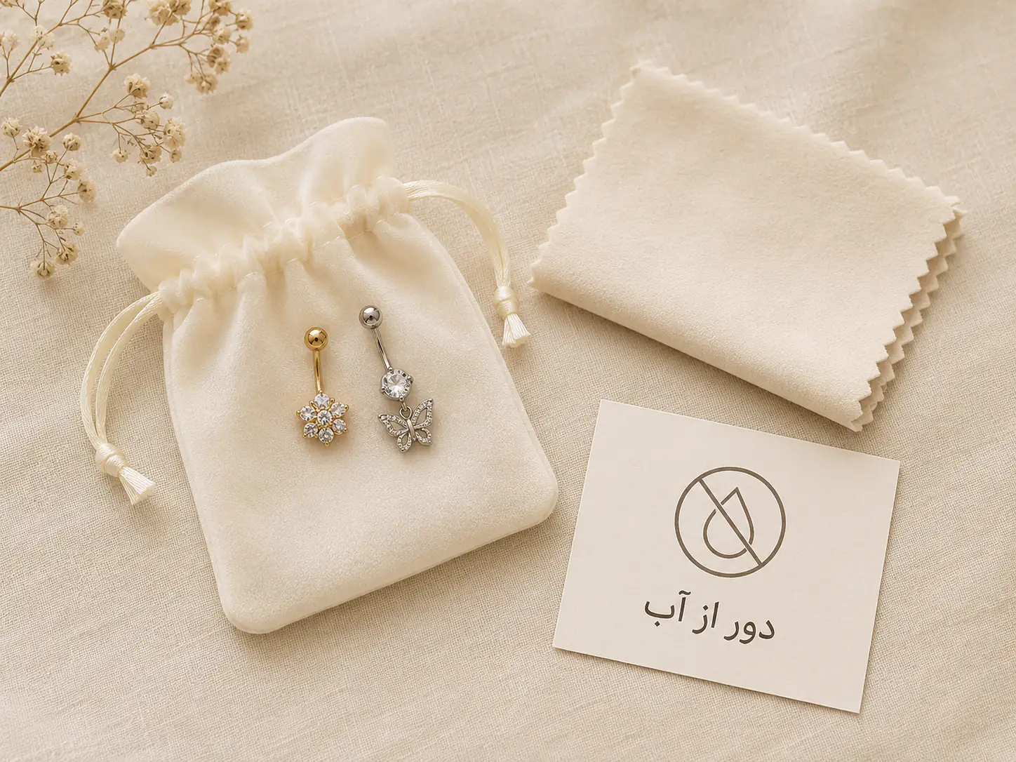 کیسه نگهداری و دستمال مراقبت از پیرسینگ ناف فیک به همراه یادداشت هشدار دوری از آب