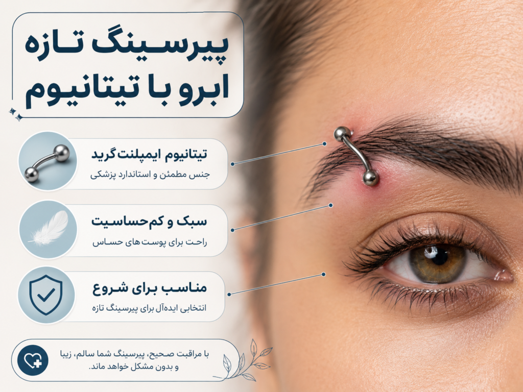 پیرسینگ تازه ابرو با جواهر تیتانیومی و بافت ملتهب اطراف آن
