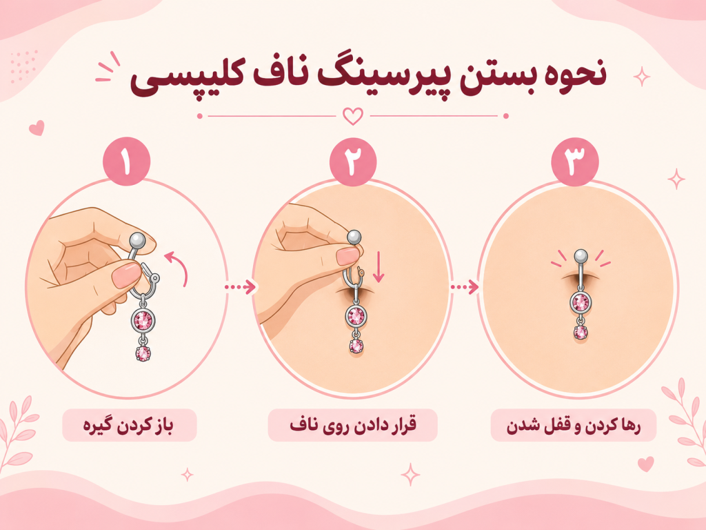 آموزش تصویری نحوه بستن پیرسینگ ناف کلیپسی مرحله به مرحله