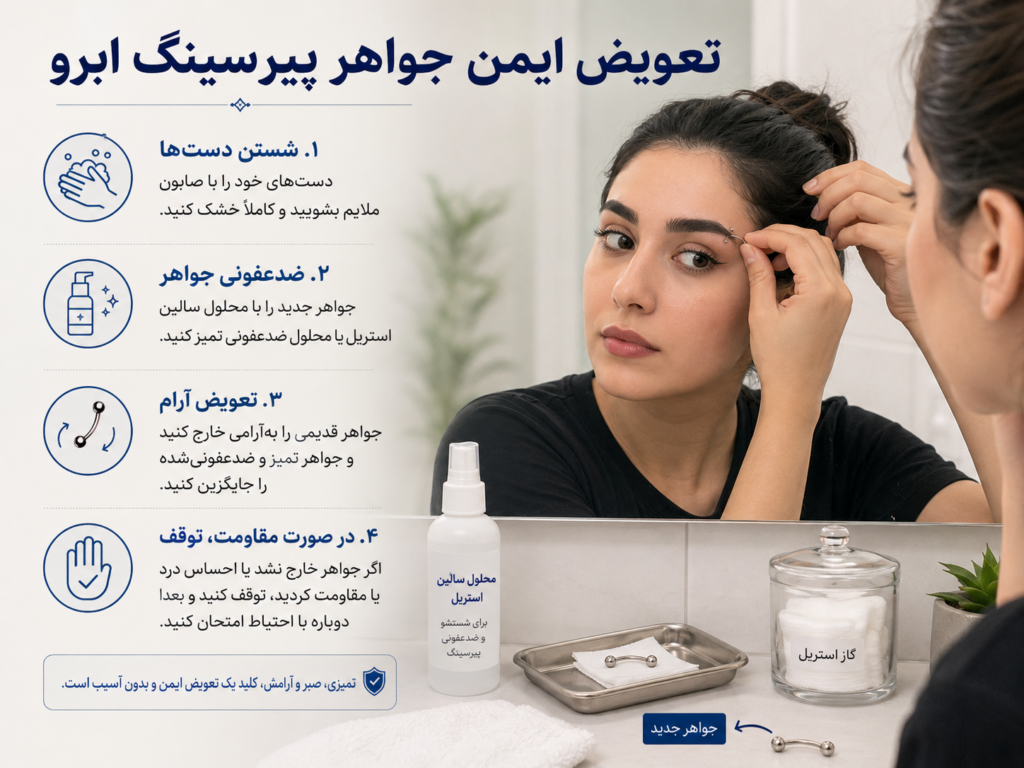 مراحل تعویض ایمن جواهر پیرسینگ ابرو با دستهای تمیز