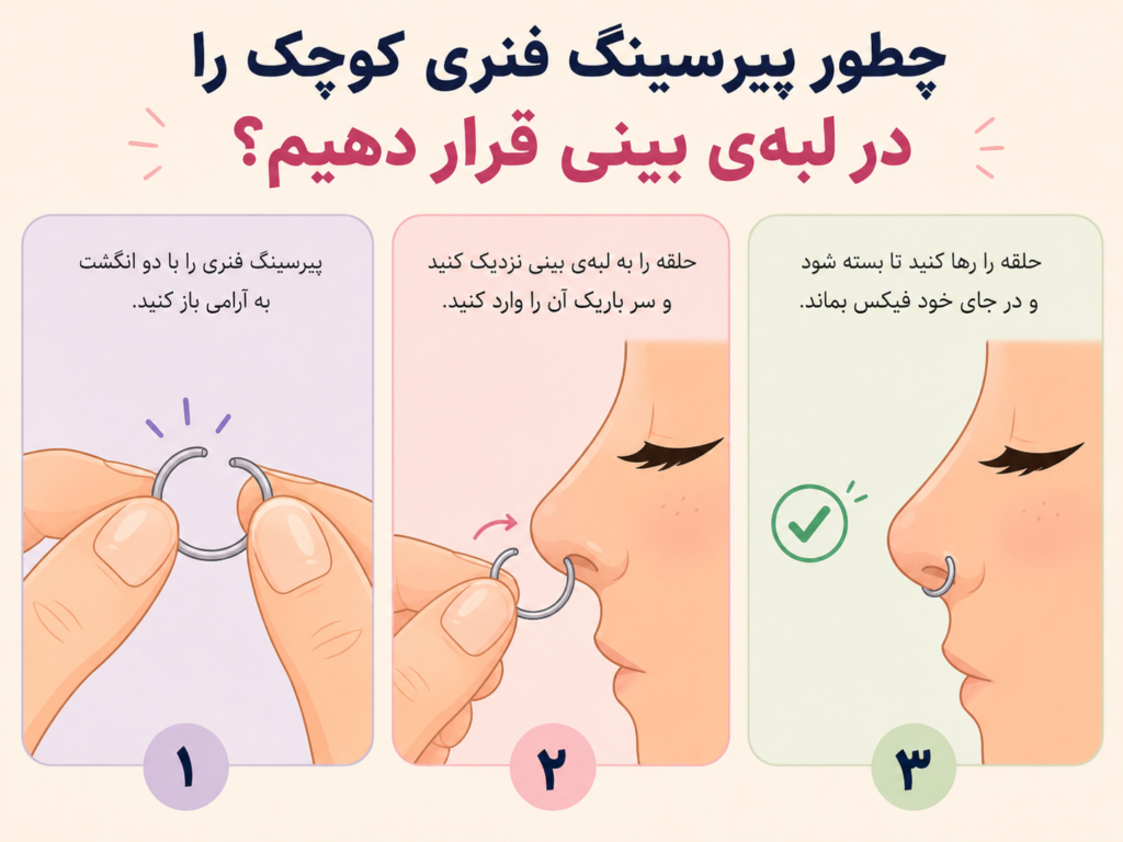 آموزش سه مرحله‌ای بستن پیرسینگ فیک کلیپسی روی لبه بینی