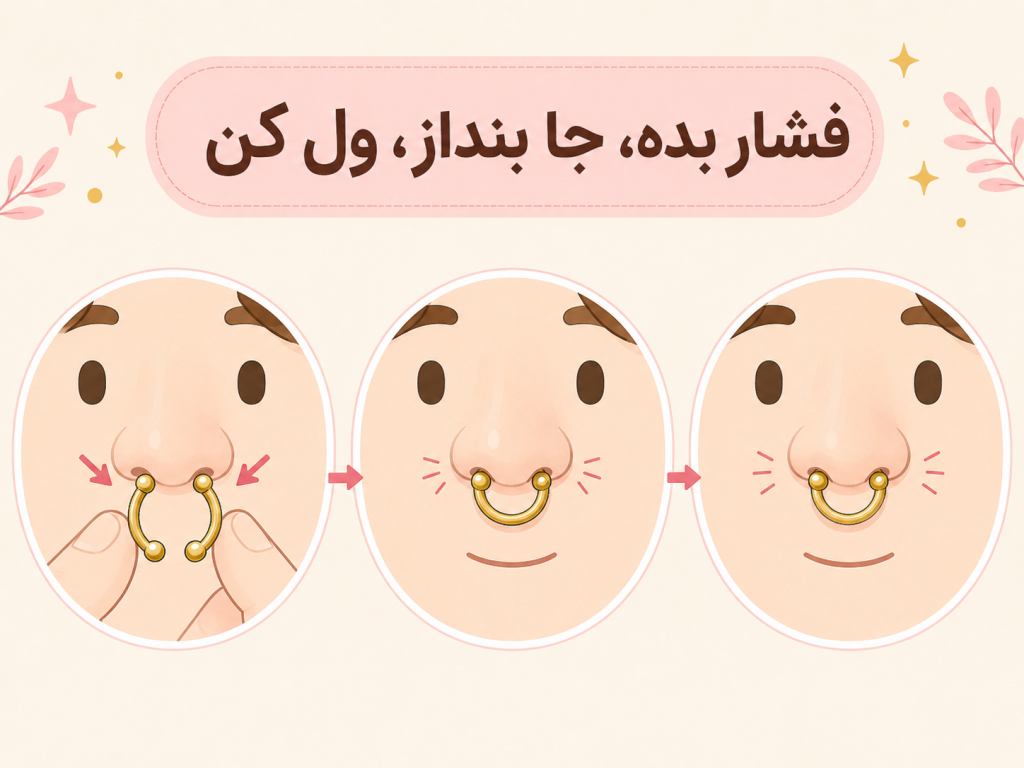 نحوه جا انداختن پیرسینگ نعل اسبی فیک سپتوم روی بینی
