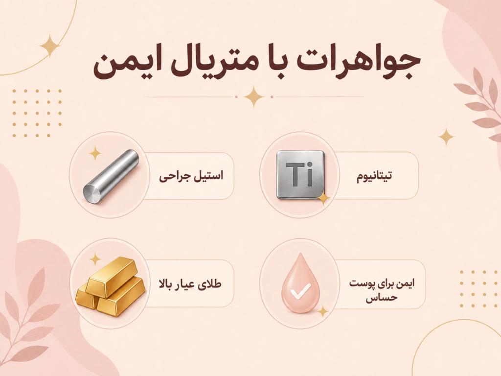 جنس‌های ایمن و ضد حساسیت برای پیرسینگ فیک مثل استیل جراحی و تیتانیوم