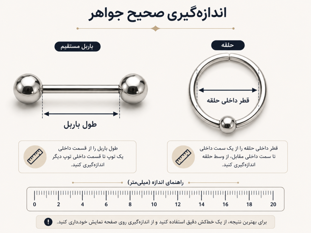 اندازه‌گیری طول باربل پیرسینگ نیپل