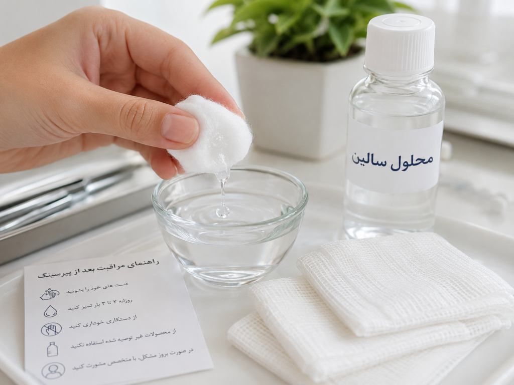 مراقبت روزانه از پیرسینگ ناف با محلول سالین و پنبه استریل