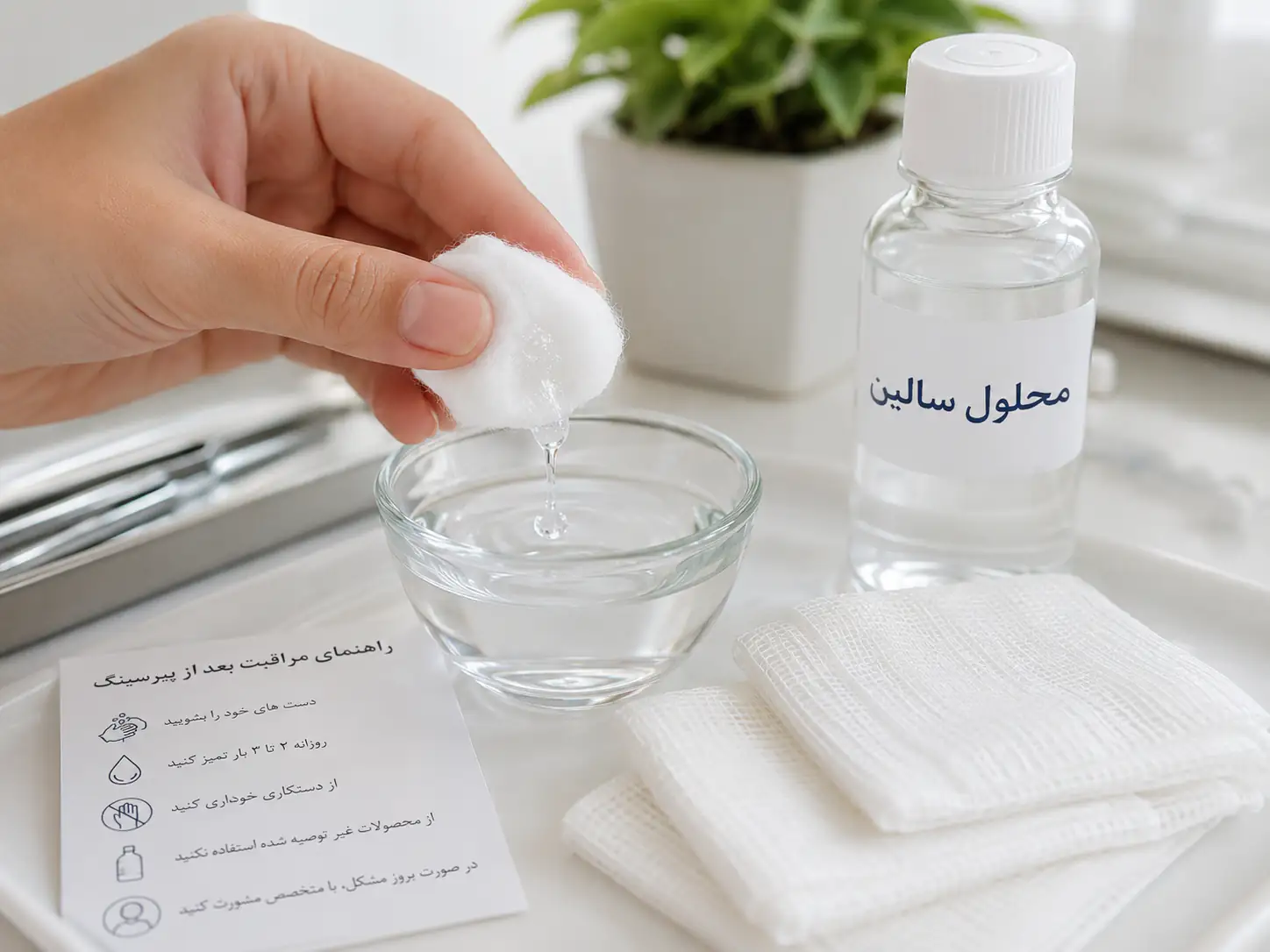 مراقبت روزانه از پیرسینگ ناف با محلول سالین و پنبه استریل