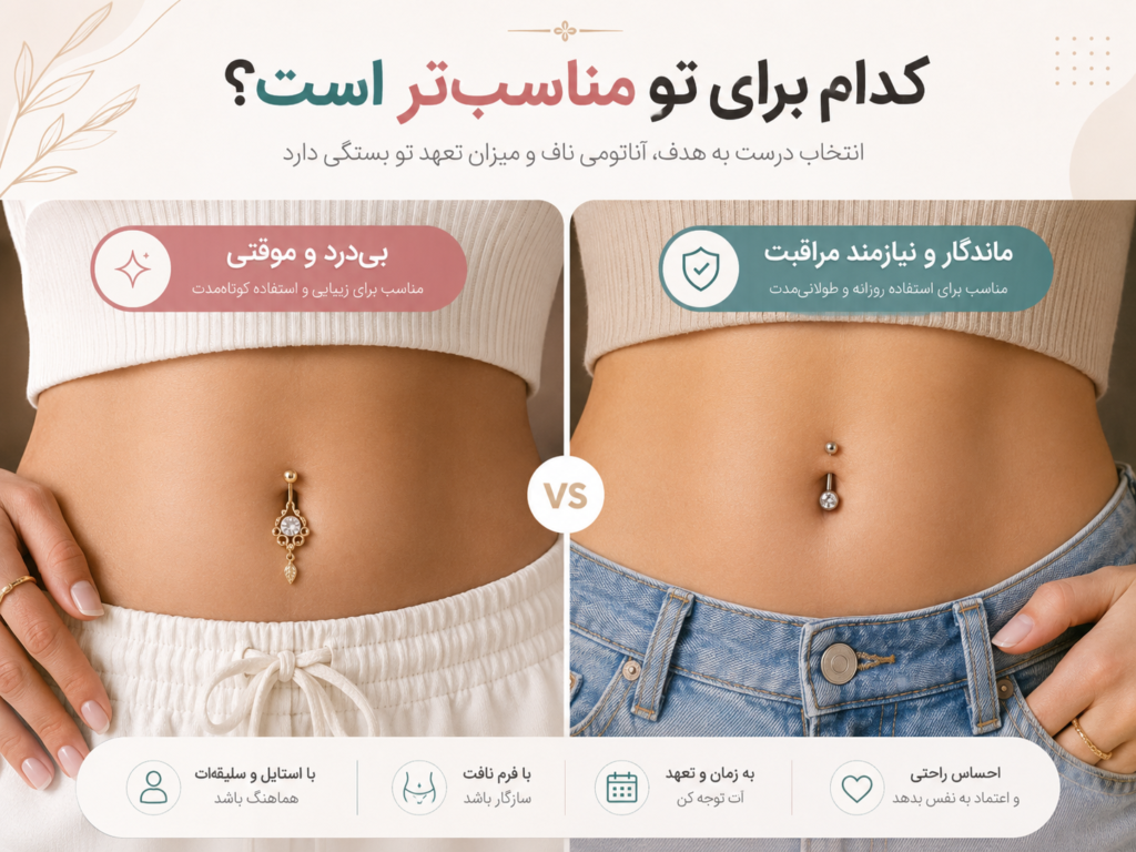 تصویر پایانی مقایسه سبک و ماندگاری پیرسینگ ناف فیک و واقعی در کنار هم