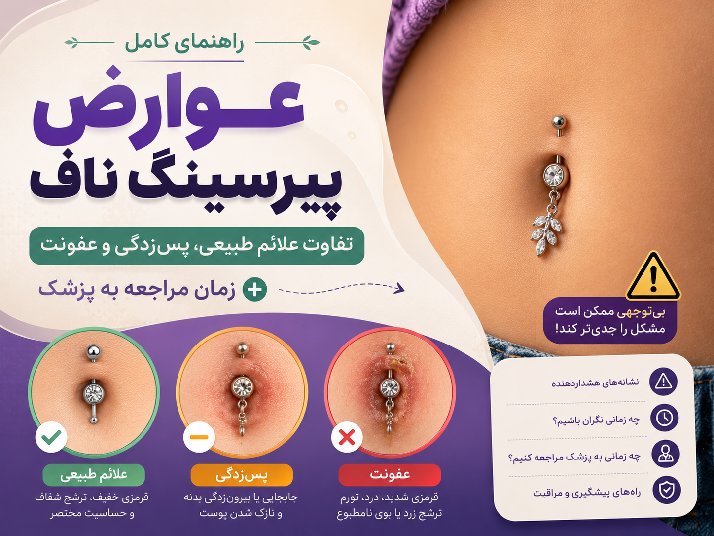 عوارض پیرسینگ ناف؛ تفاوت علائم طبیعی، پس‌زدگی و عفونت + زمان مراجعه به پزشک
