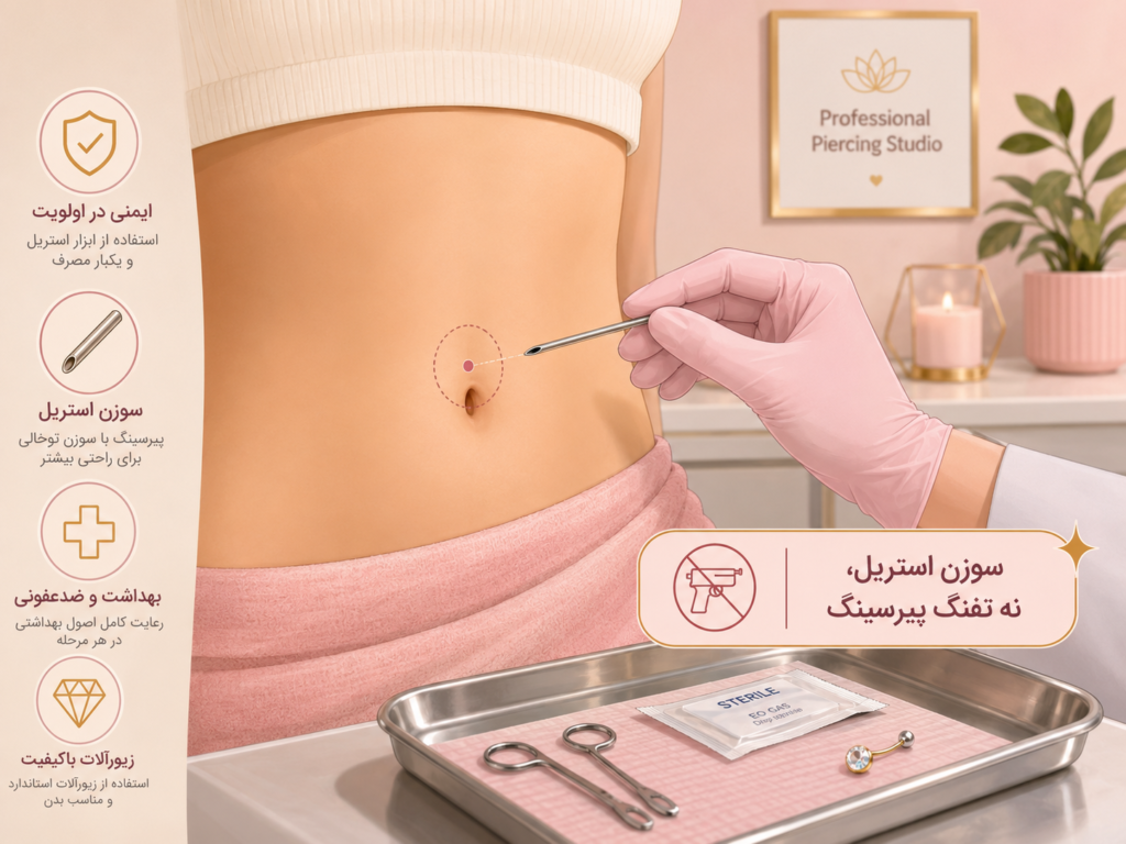 فرآیند پیرسینگ ناف با سوزن استریل توسط پیرسر حرفهای