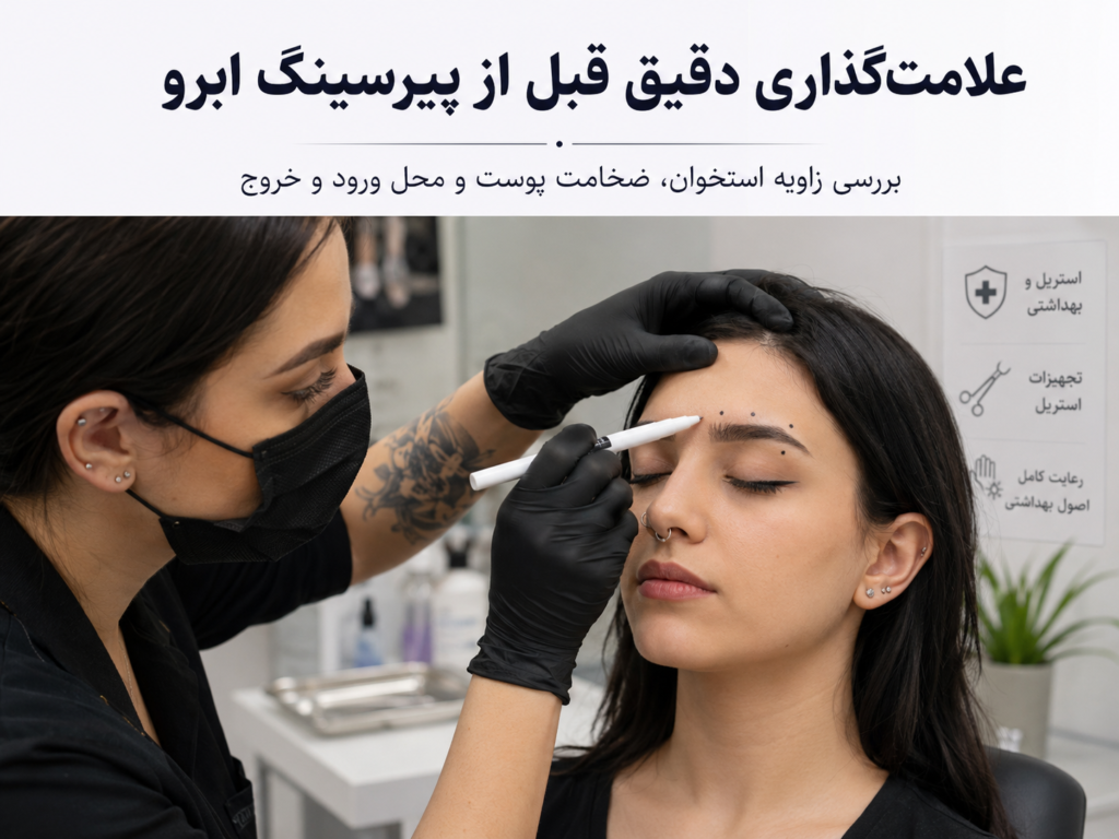 پیرسر در حال علامت گذاری محل دقیق پیرسینگ ابرو قبل از سوراخ کردن