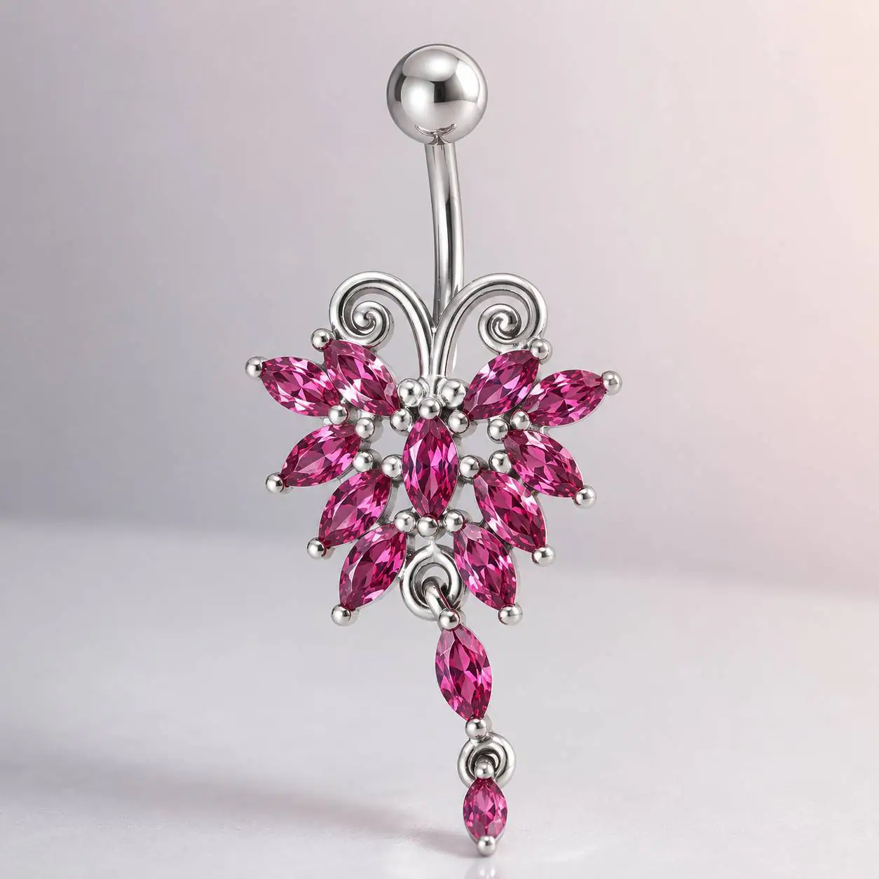 pink-floral-belly-piercing-front-view پیرسینگ ناف آویزدار با نگینهای مارکیز صورتی از نمای روبهرو