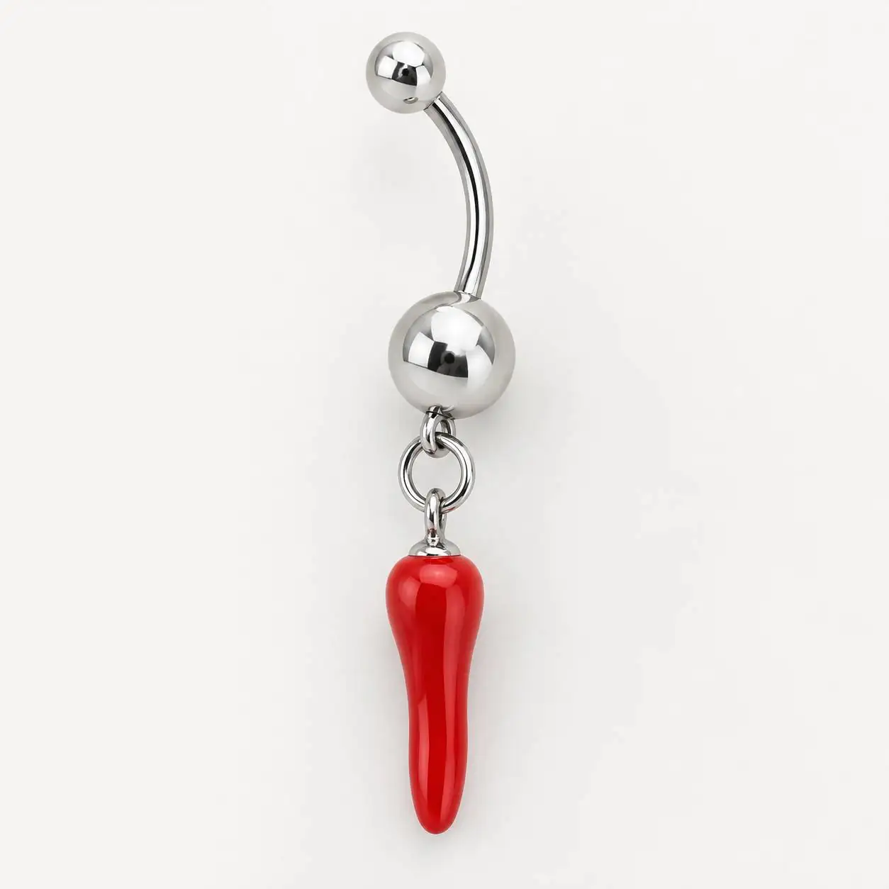red-chili-navel-piercing-front-view پیرسینگ ناف نقرهای با آویز فلفل قرمز از نمای روبهرو