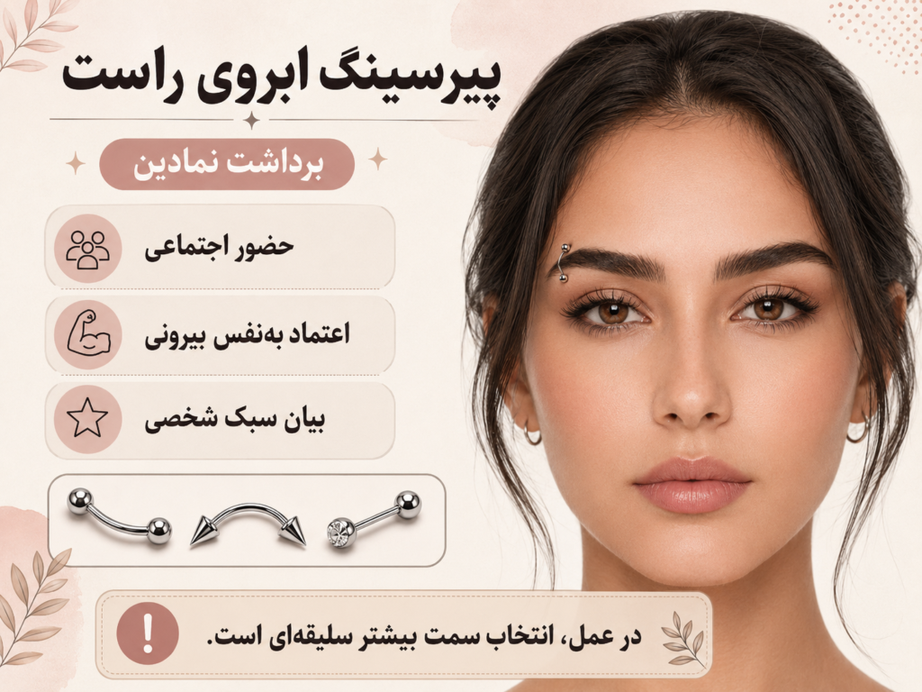 مدل پیرسینگ روی ابروی راست با معنای نمادین اعتماد به نفس اجتماعی