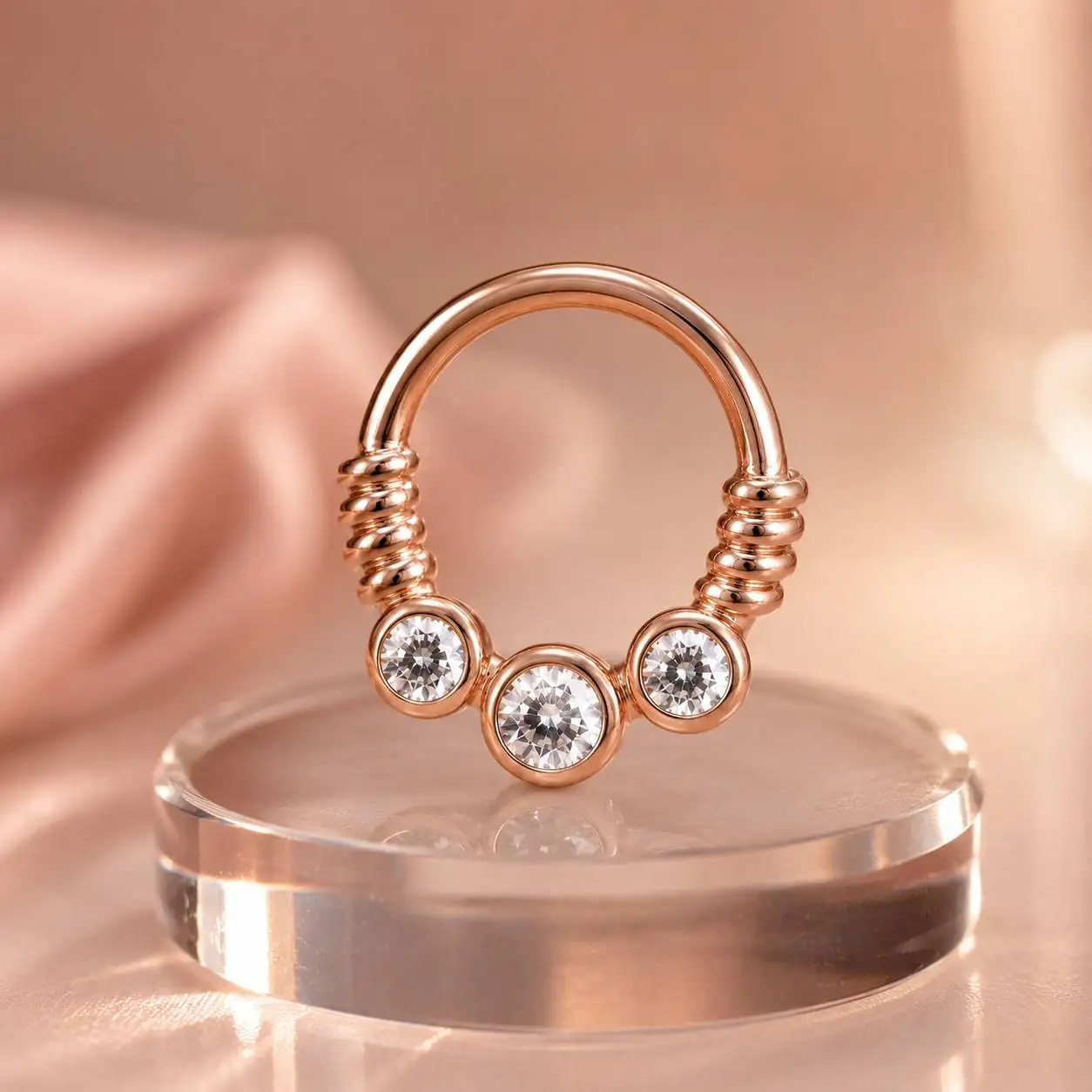 rose-gold-twisted-septum-jewelry پیرسینگ سپتوم رزگلد نگیندار با بدنه براق و سه سنگ شفاف گرد