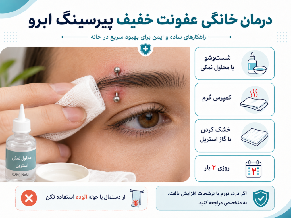 شستشوی پیرسینگ ابرو با محلول نمک برای درمان خانگی عفونت