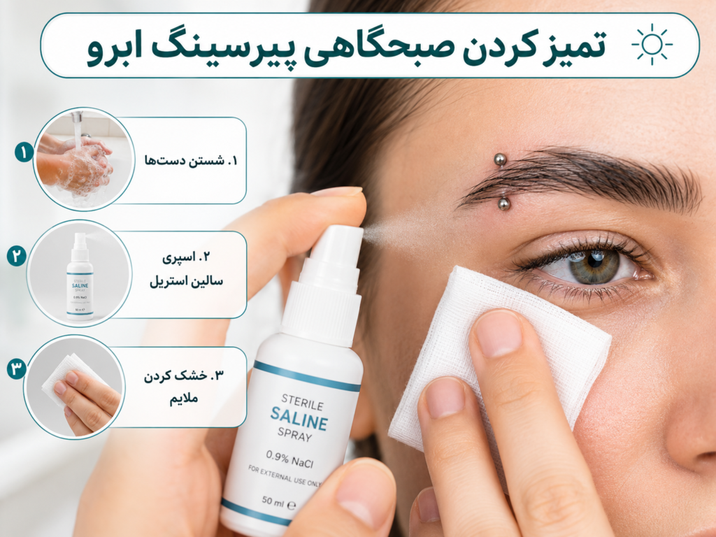 تمیز کردن پیرسینگ ابرو با اسپری سالین صبح