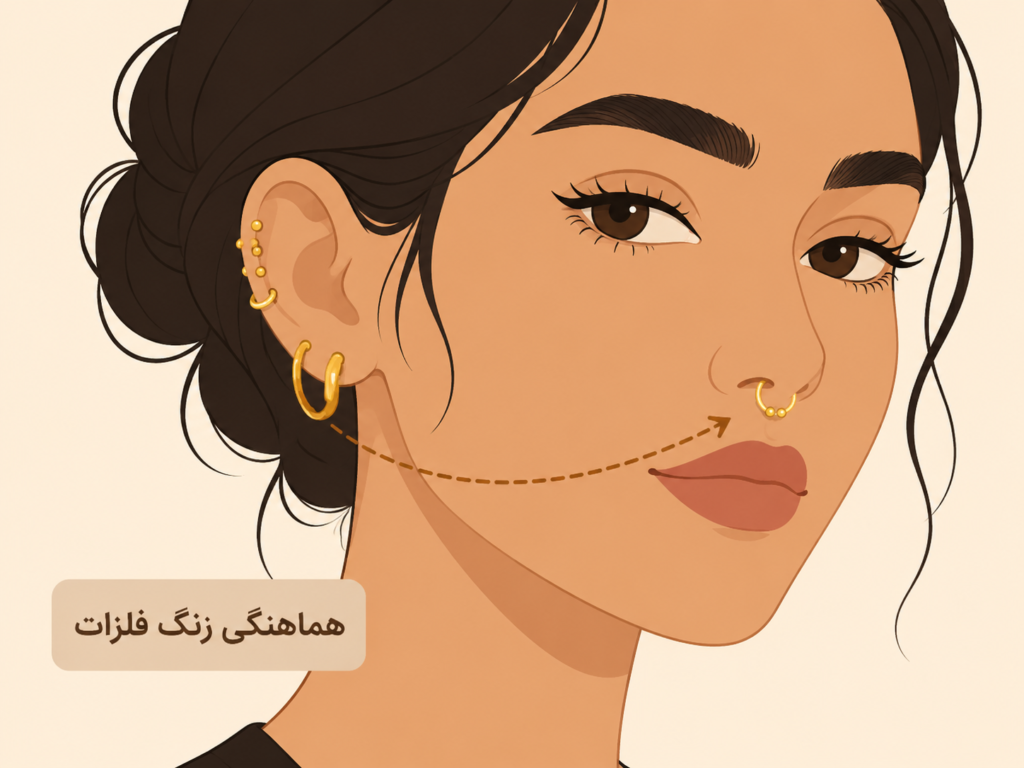 هارمونی رنگ فلز بین سپتوم فیک و گوشواره‌ها و پیرسینگ گوش